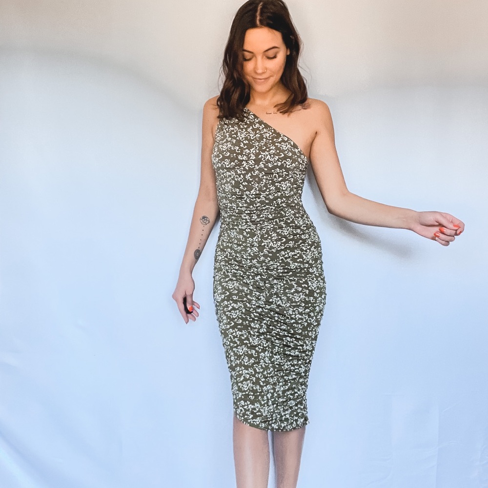 Floral Print One Shoulder Bodycon Midi Dress